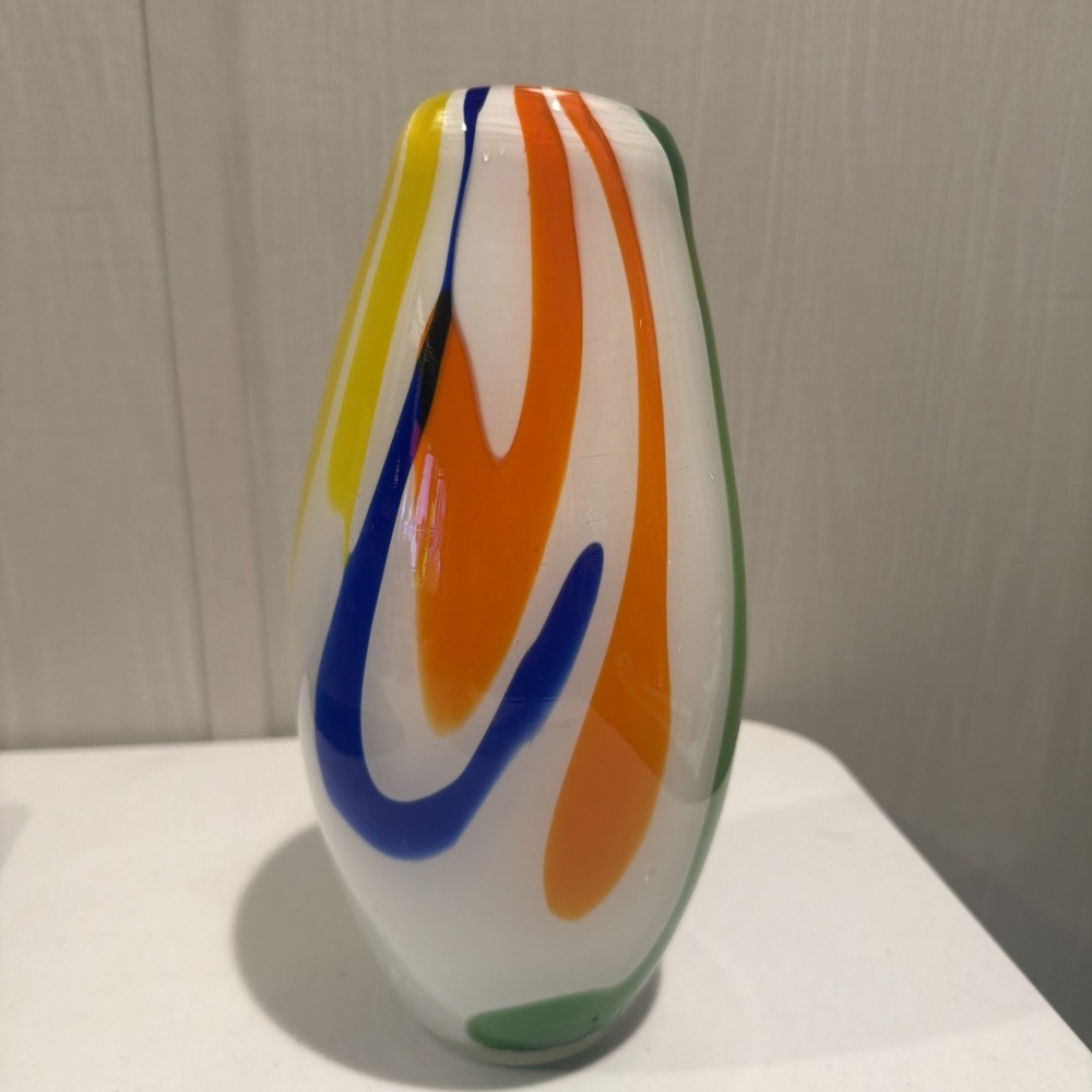 Vtg MCM Hand-Blown Cased Art Glass Rainbow Stripe 9.5" Vase White Opaline BOHO